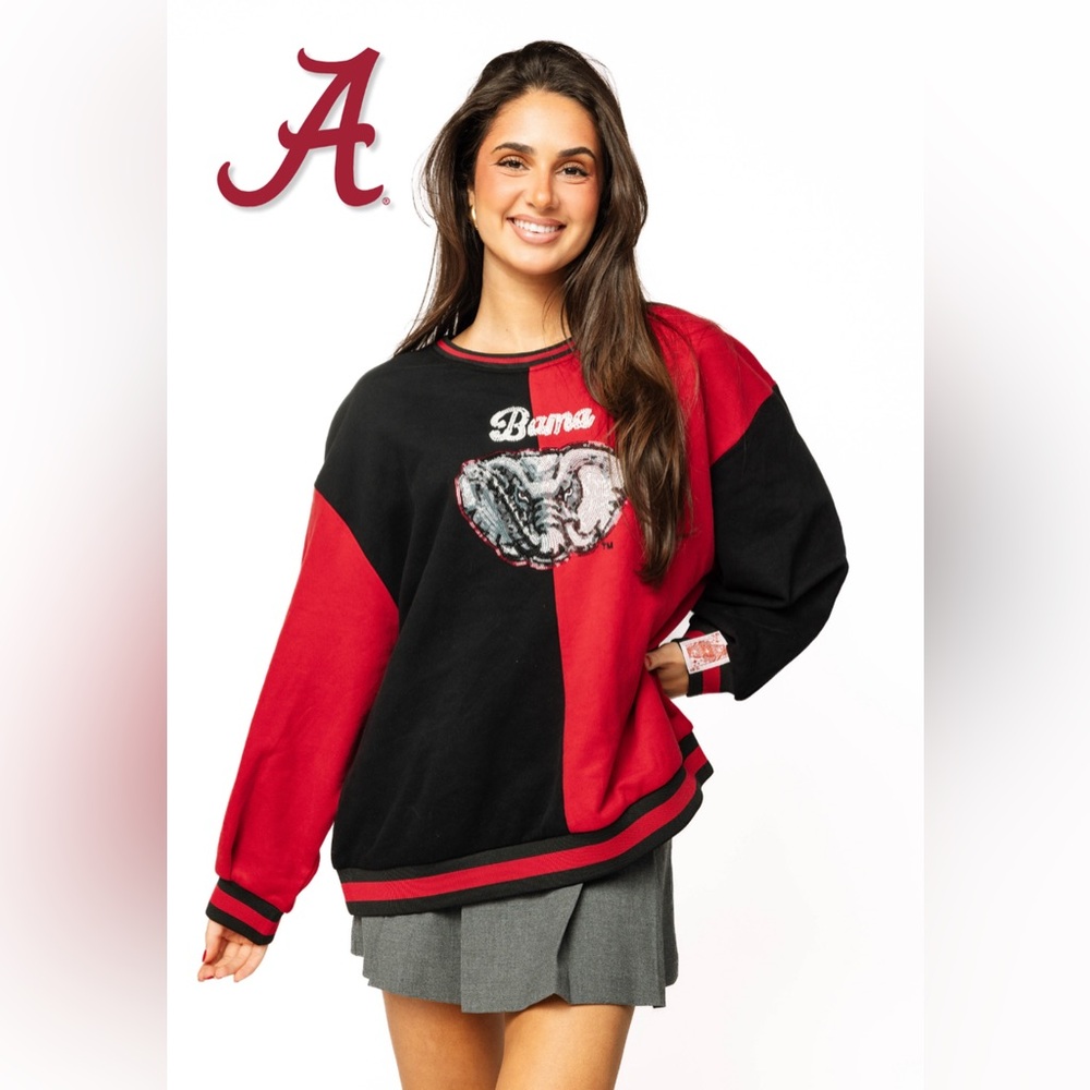 New! QUEEN OF SPARKLES Licensed Bama Red and Black Colorblock Sweatshirt